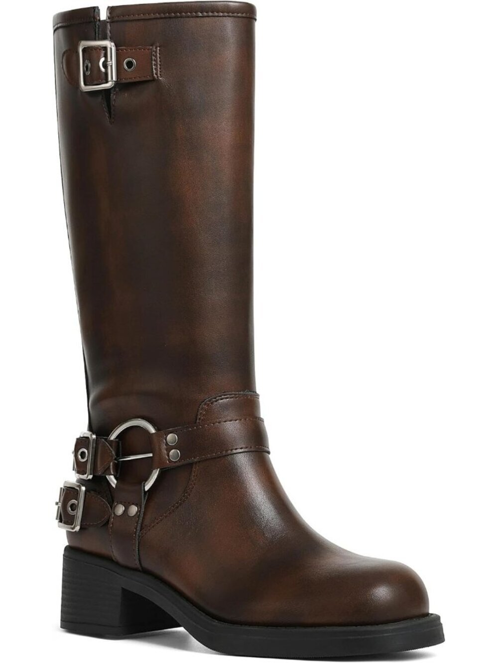 Women's Brown Wide Calf Riding Fashion Buckles Chunky Metallic Knee High Boot